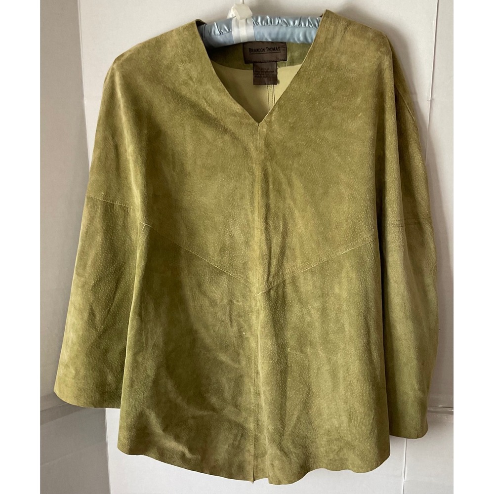 Brandon Thomas Womens Suede Leather Poncho Olive Green V-Neck Cape Size S